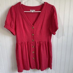 Jodifl Shirt Womens Small Red Short Sleeve‎ Button Front Linen Blend Top Blouse